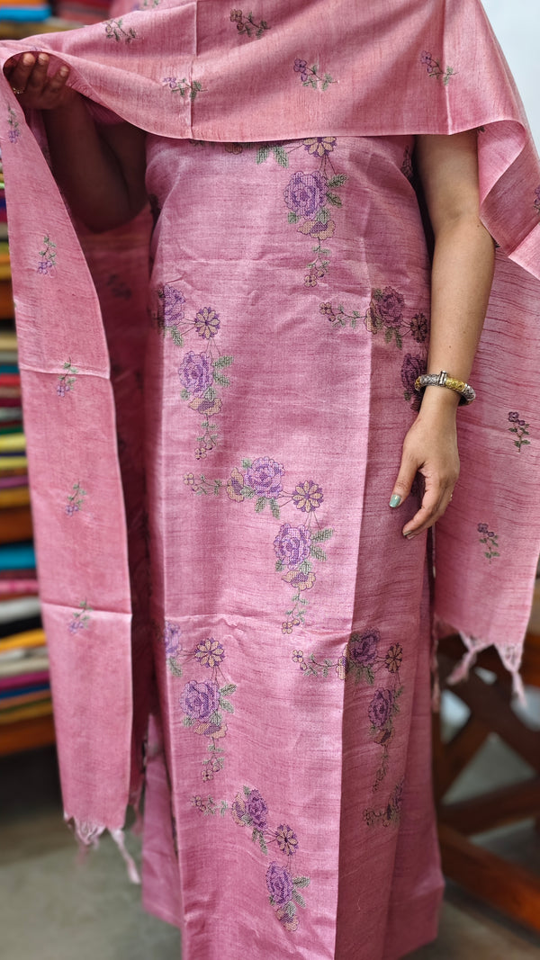 Blush Pink Semi Tussar Suit with Cross Stitch Embroidery - MTV6
