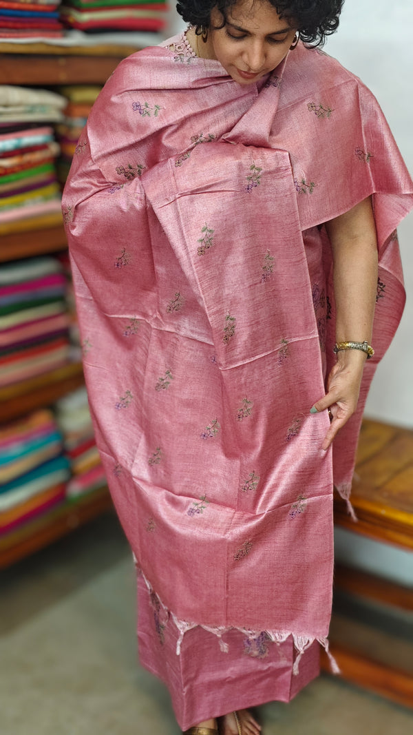 Blush Pink Semi Tussar Suit with Cross Stitch Embroidery - MTV6