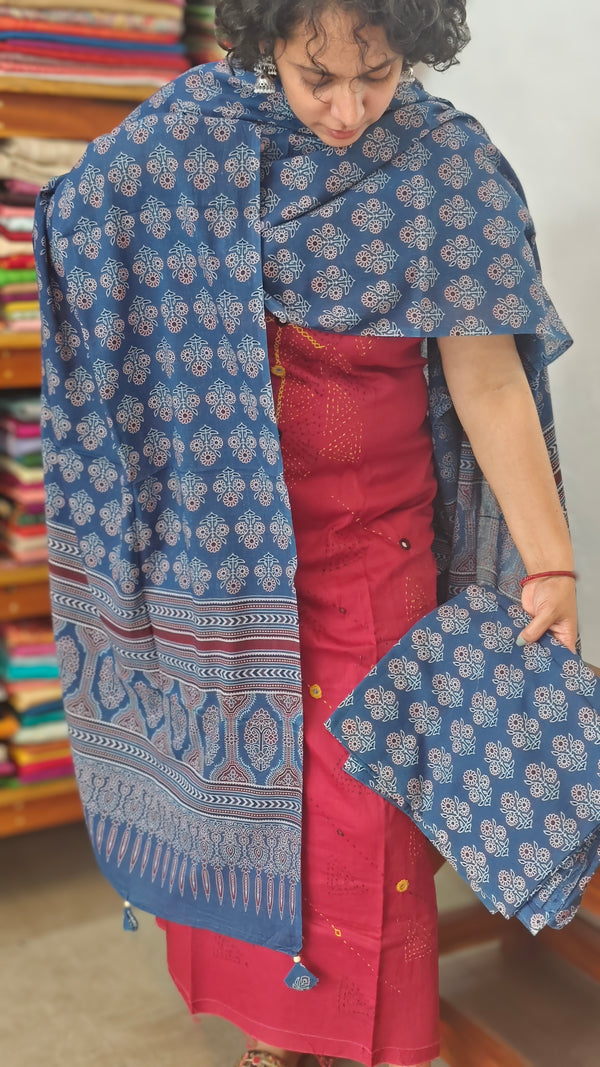 Maroon and Blue Cotton Suit with Ajrakh Dupatta
