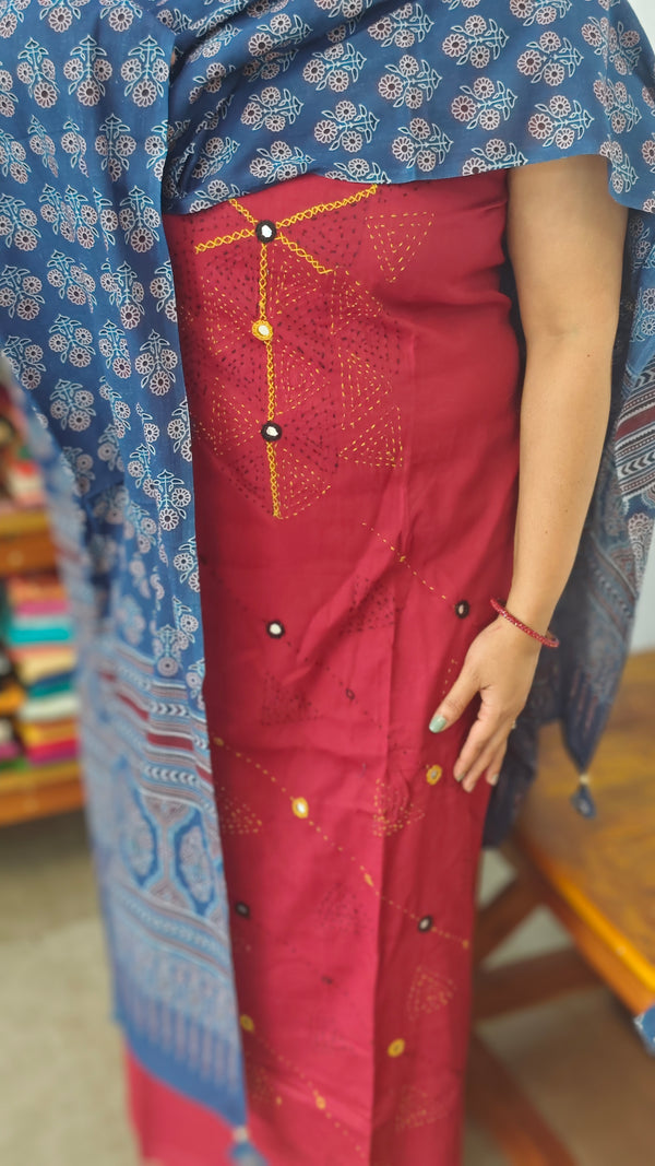Maroon and Blue Cotton Suit with Ajrakh Dupatta