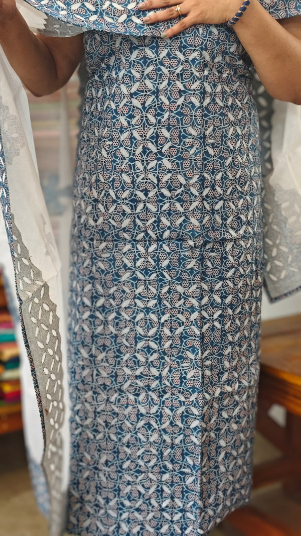 Indigo and White Cotton Applique Work Suit - B