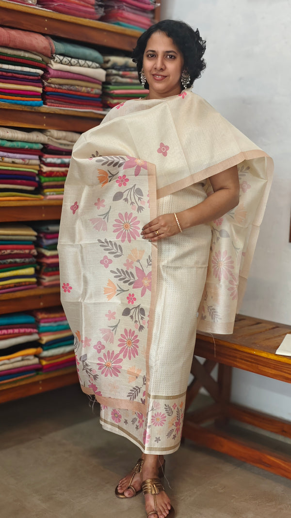 Cream and Gold Zari Striped Semi Silk Suit - D21