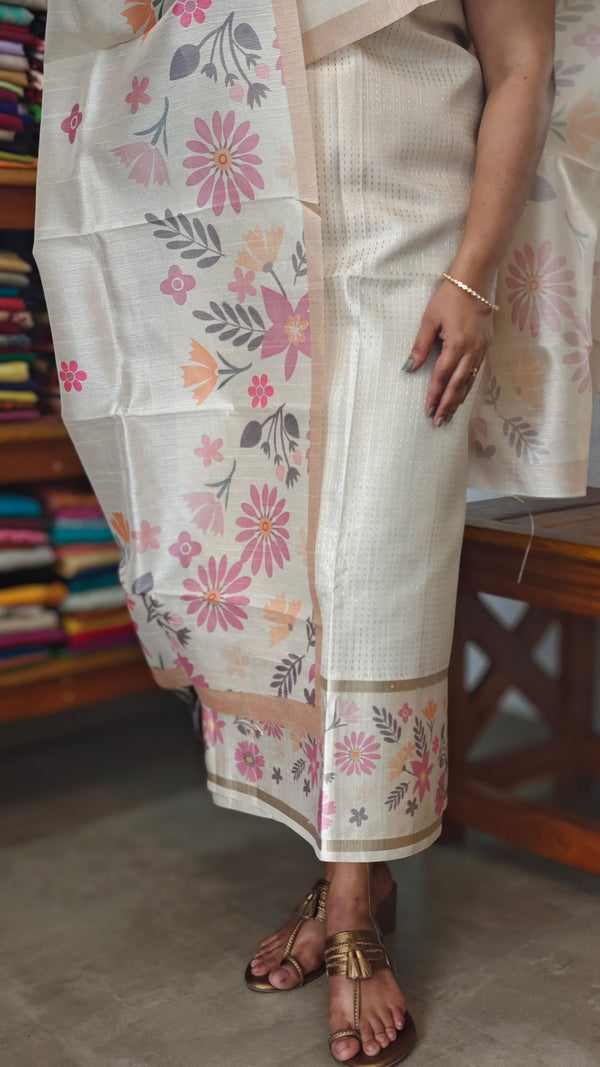 Cream and Gold Zari Striped Semi Silk Suit - D21