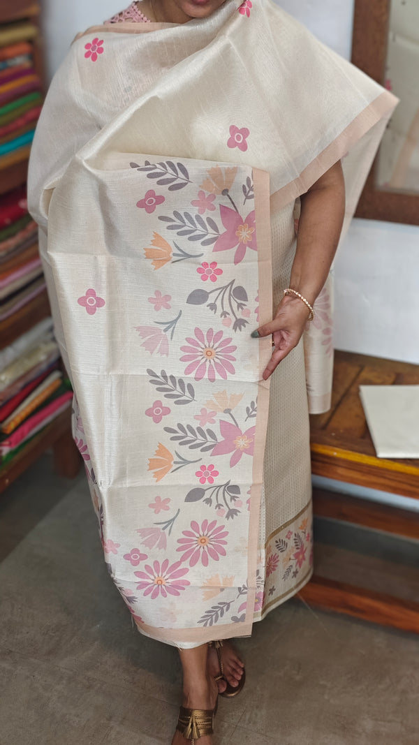 Cream and Gold Zari Striped Semi Silk Suit - D21