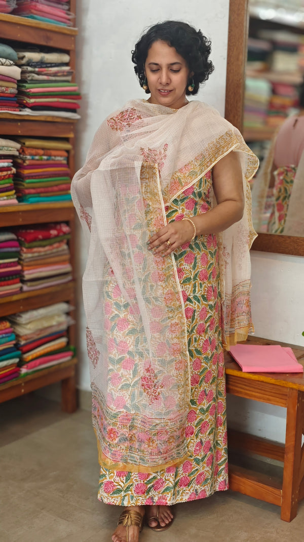 Mustard Yellow Floral Printed cotton suit with Kota Doria Dupatta