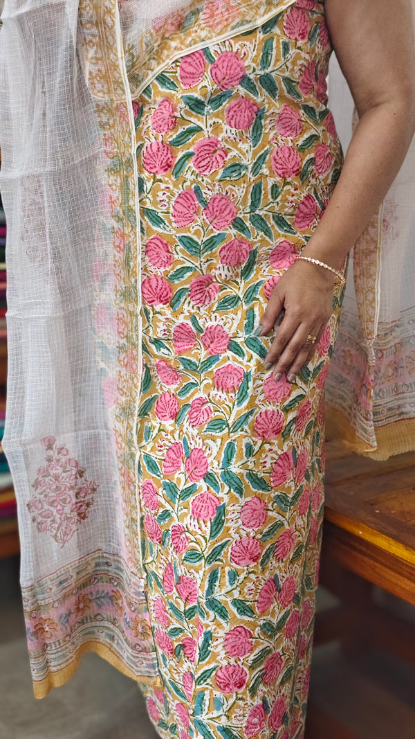 Mustard Yellow Floral Printed cotton suit with Kota Doria Dupatta