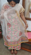 Mustard Yellow Floral Printed cotton suit with Kota Doria Dupatta