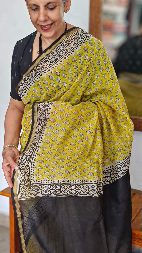 Mustard Black and Cream Chanderi Silk Saree - MK58