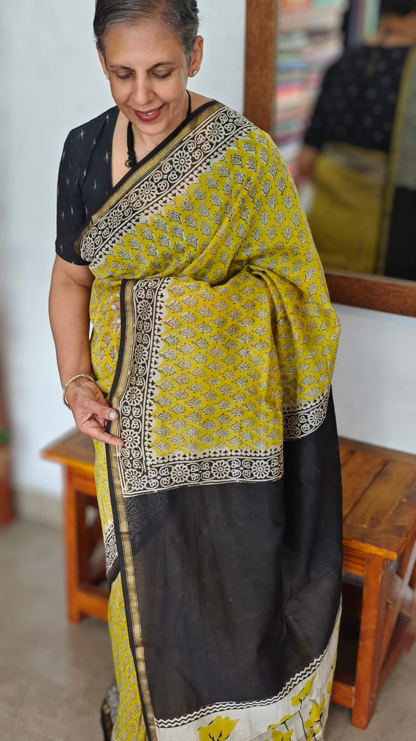 Mustard Black and Cream Chanderi Silk Saree - MK58