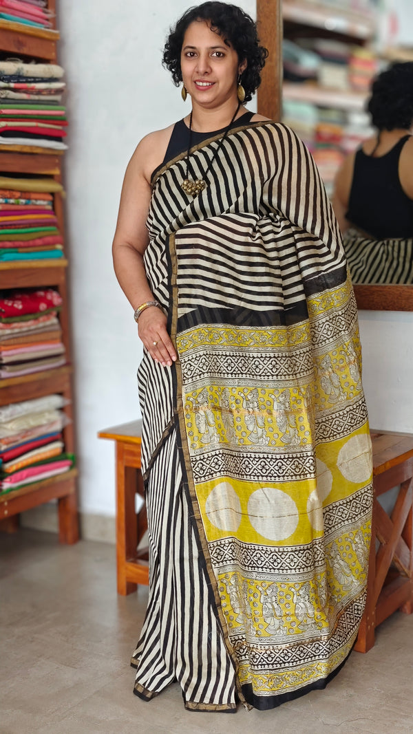 Black and White Striped Chanderi Silk Saree - MK58