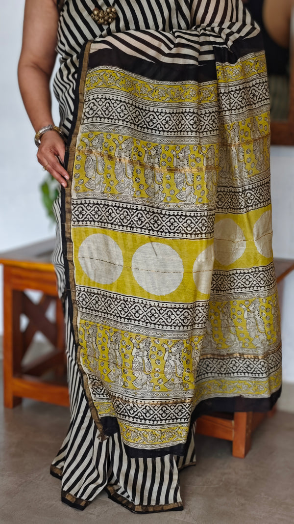 Black and White Striped Chanderi Silk Saree - MK58