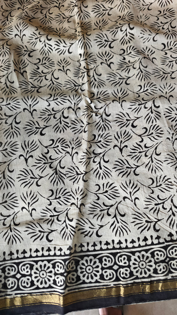 Mustard Black and Cream Chanderi Silk Saree - MK58
