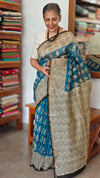 Indigo Teal and Cream Block Printed Chanderi Silk Saree - MK58