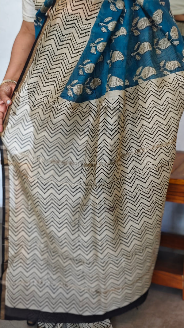 Indigo Teal and Cream Block Printed Chanderi Silk Saree - MK58