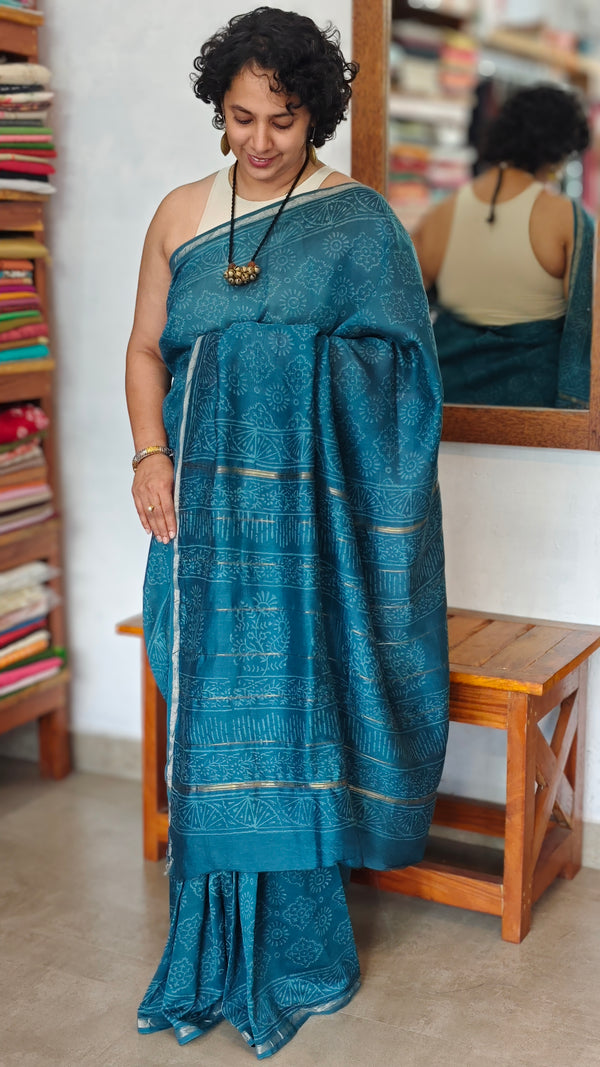 Indigo Teal Block Printed Chanderi Silk Saree - MK58