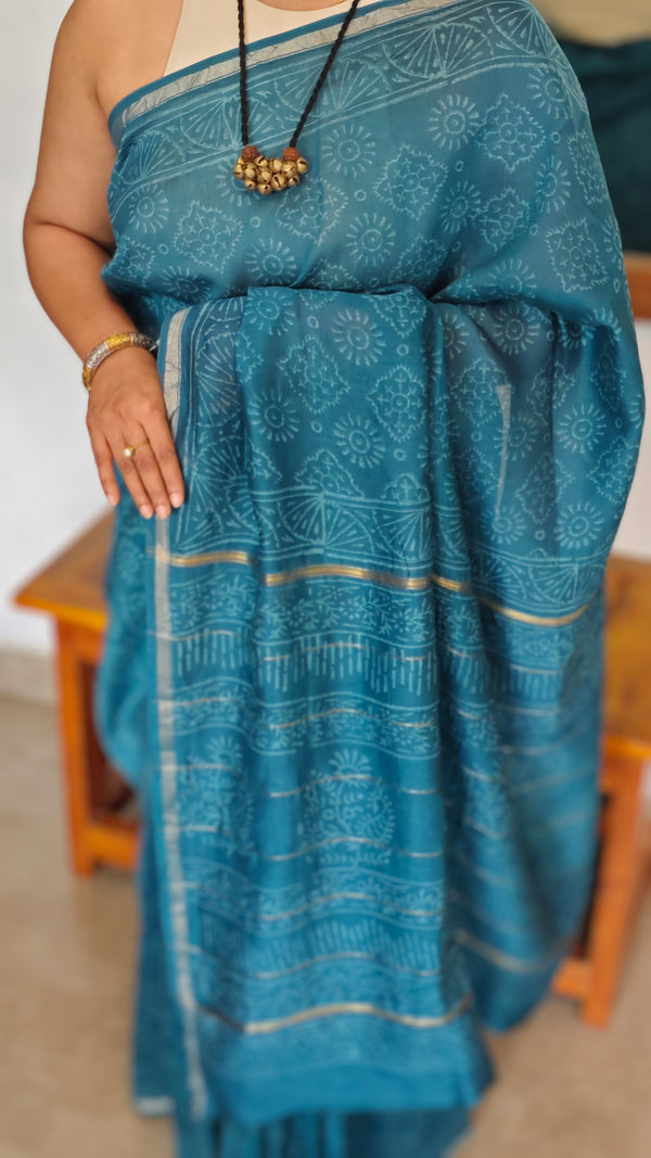 Indigo Teal Block Printed Chanderi Silk Saree - MK58