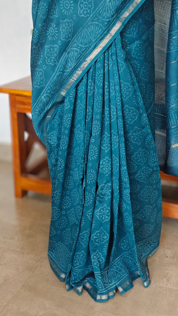 Indigo Teal Block Printed Chanderi Silk Saree - MK58