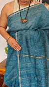 Indigo Teal Block Printed Chanderi Silk Saree - MK58