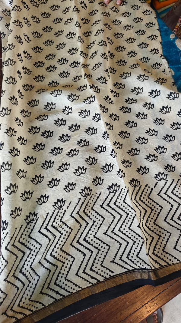 Indigo Teal and Cream Block Printed Chanderi Silk Saree - MK58