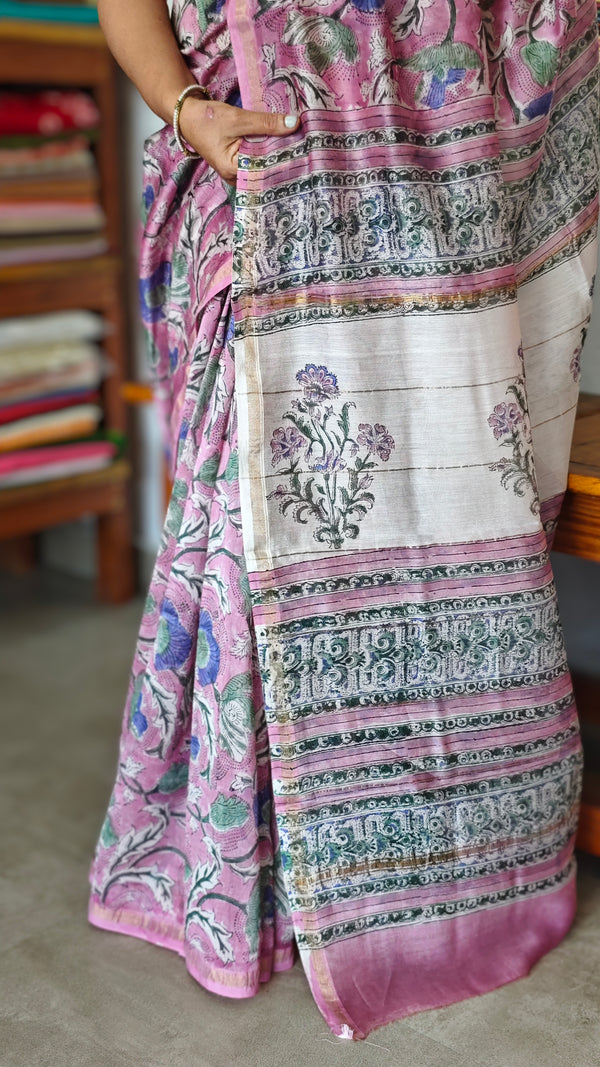 Lilac Floral Block Printed Chanderi Silk Saree - MK58
