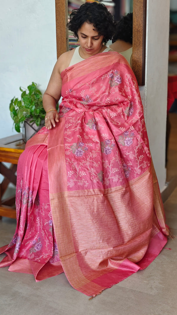 Rosy Pink Embroidered Lined Noel Tussar Silk Saree