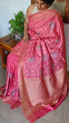 Rosy Pink Embroidered Lined Noel Tussar Silk Saree
