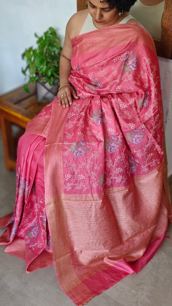 Rosy Pink Embroidered Lined Noel Tussar Silk Saree