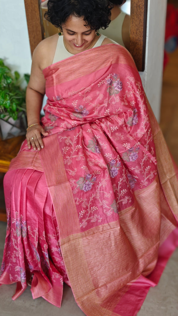 Rosy Pink Embroidered Lined Noel Tussar Silk Saree