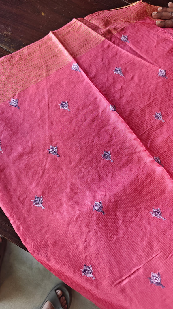 Rosy Pink Embroidered Lined Noel Tussar Silk Saree