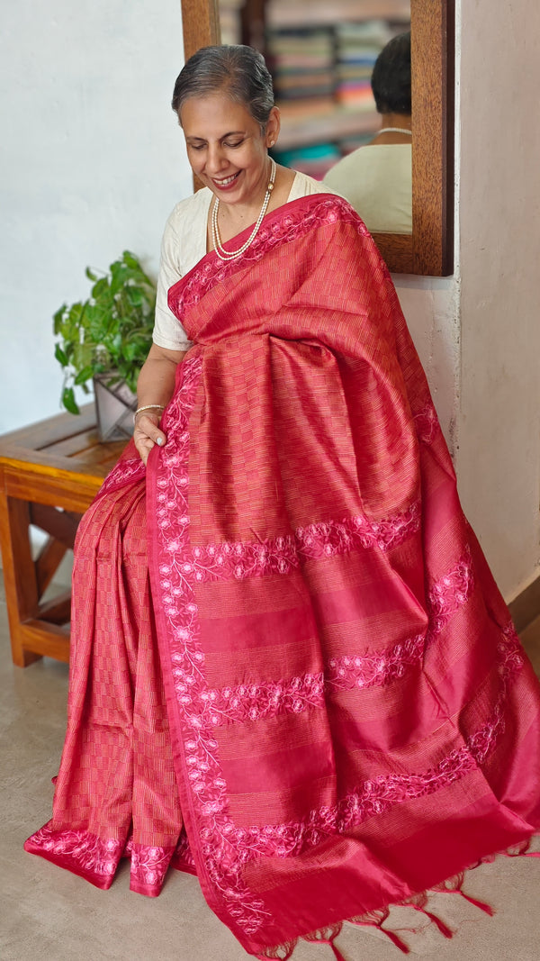 Dark Red Embroidered Tussar Silk Saree