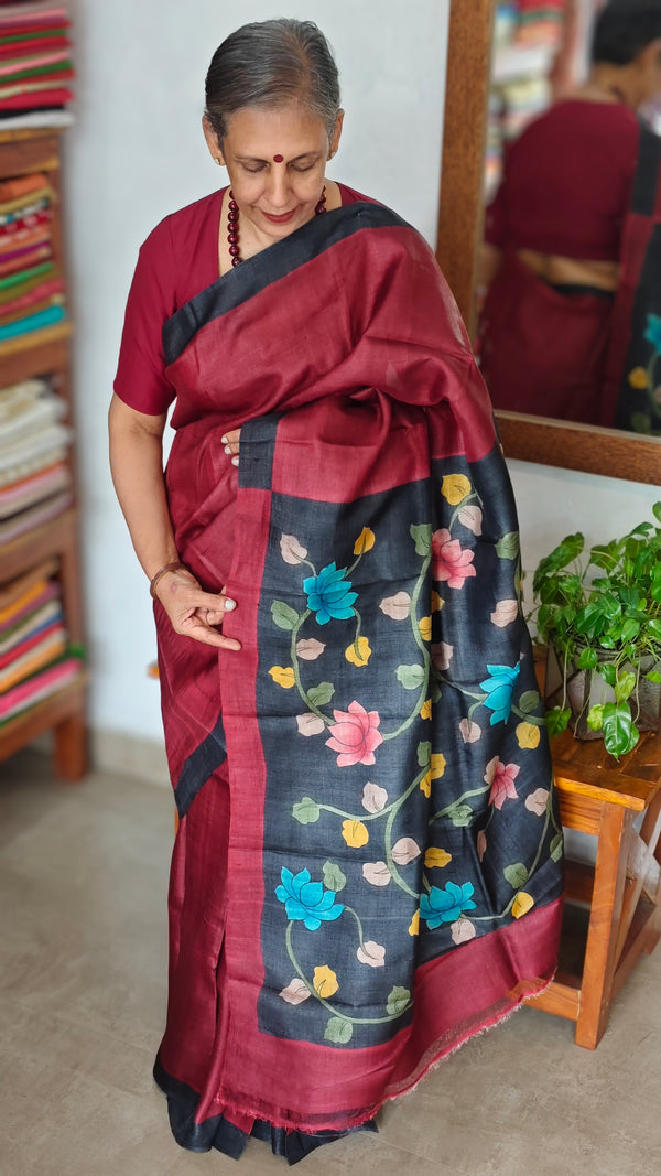 Deep Maroon Desi Tussar Kalamkari Saree - V9AC