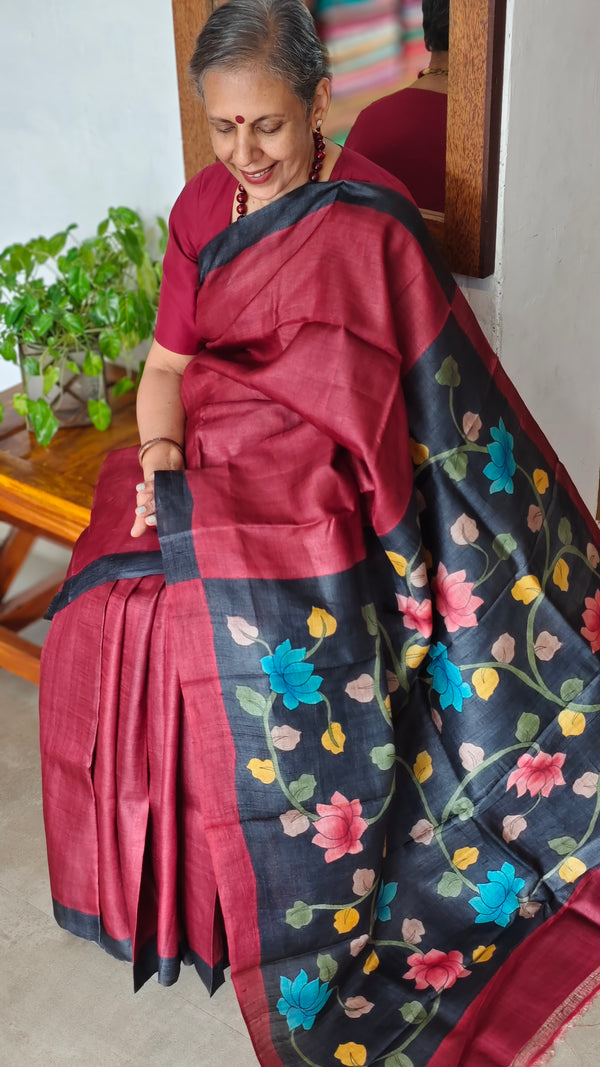 Deep Maroon Desi Tussar Kalamkari Saree - V9AC