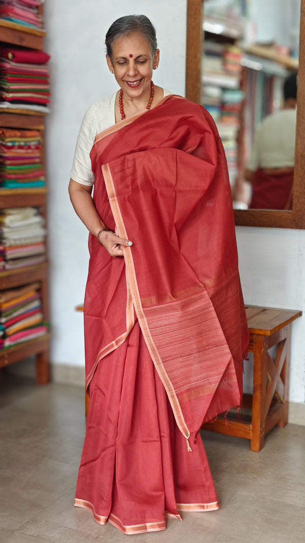 Burnt Peach Chanderi Tussar Silk Saree - ANX19