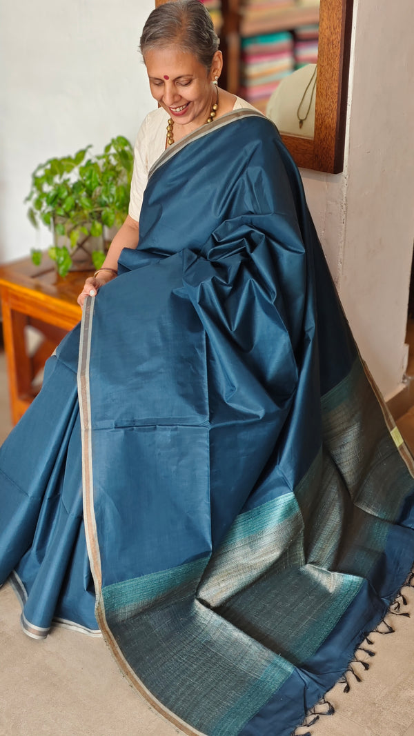 Azure Blue Chanderi Tussar Silk Saree - ANX19