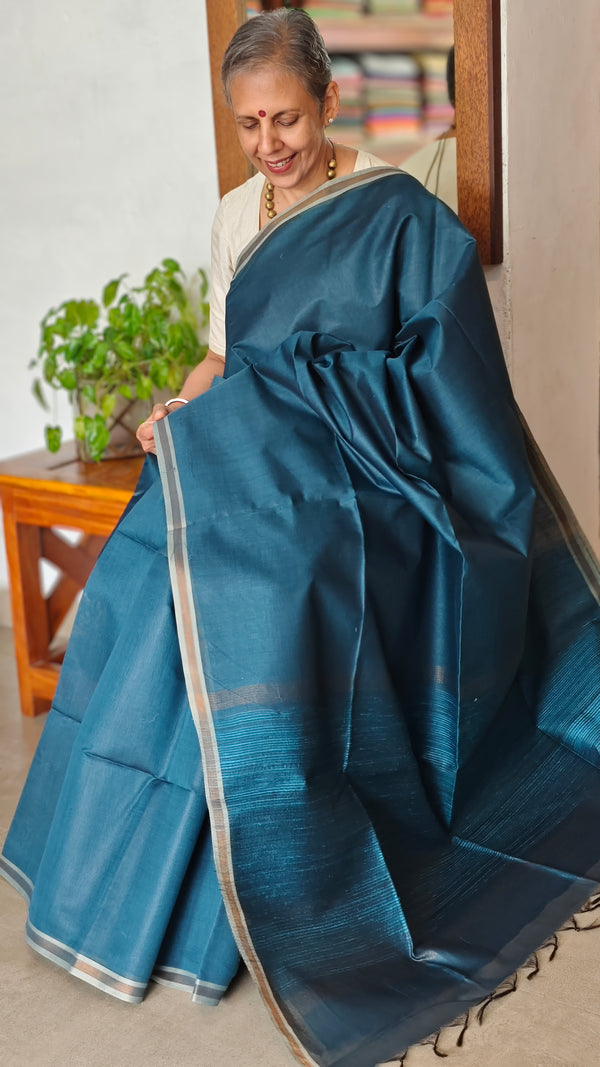 Classic Blue Chanderi Tussar Silk Saree - ANX19 - 2