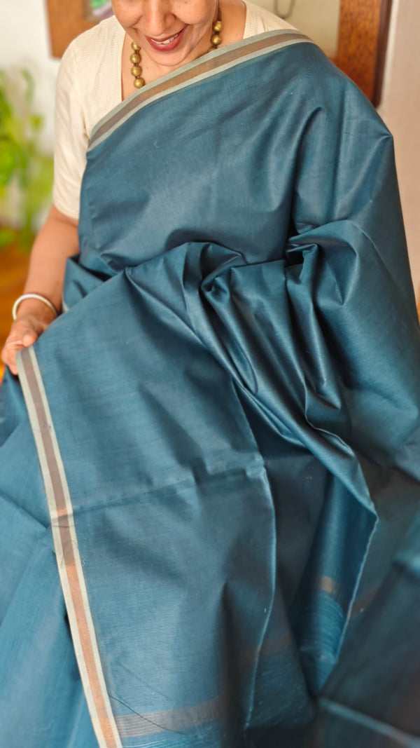 Classic Blue Chanderi Tussar Silk Saree - ANX19 - 2