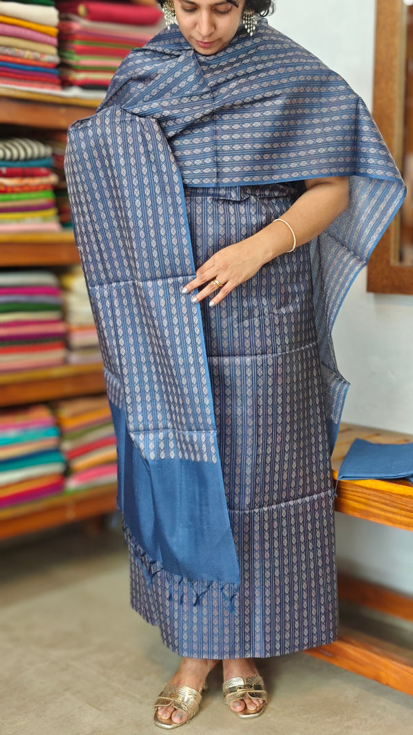 Classic Blue Woven Noel Tussar Silk Suit - MNT4