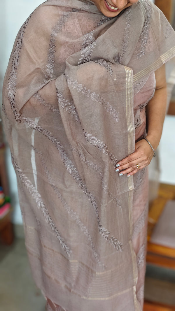 Taupe Chanderi and Organza Embroidered Suit - WL21
