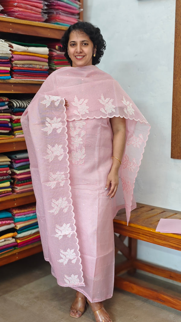 Pink Net Kota Suit with Applique Work - 84D3