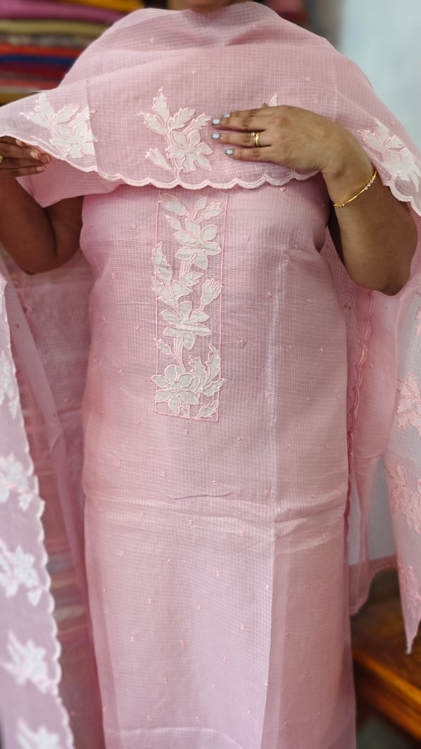 Pink Net Kota Suit with Applique Work - 84D3