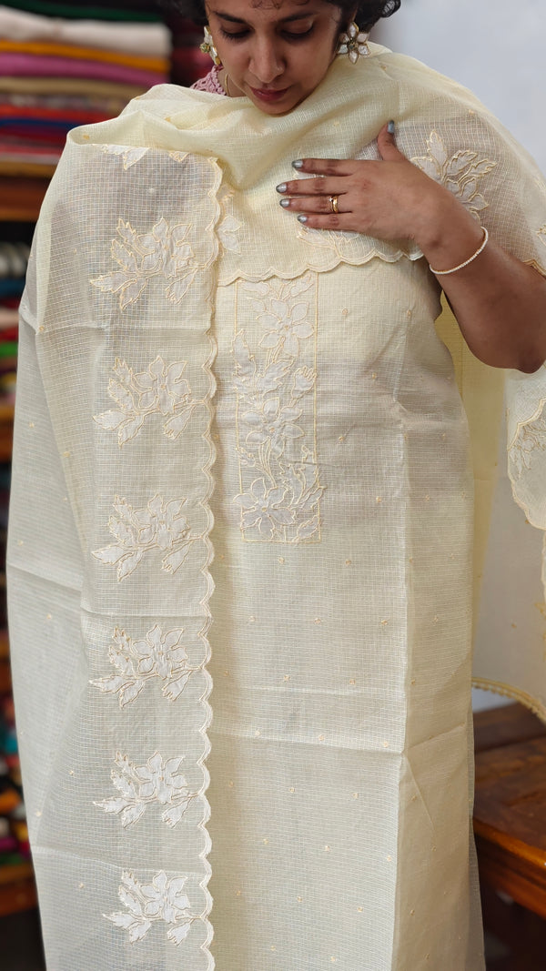 Butter Yellow Net Kota Suit with Applique Work - 84D3