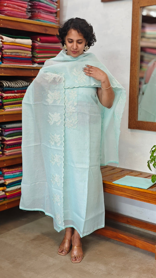 Aqua Blue Net Kota Suit with Applique Work - 84D3