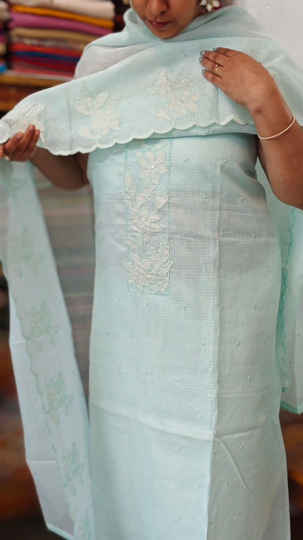 Aqua Blue Net Kota Suit with Applique Work - 84D3