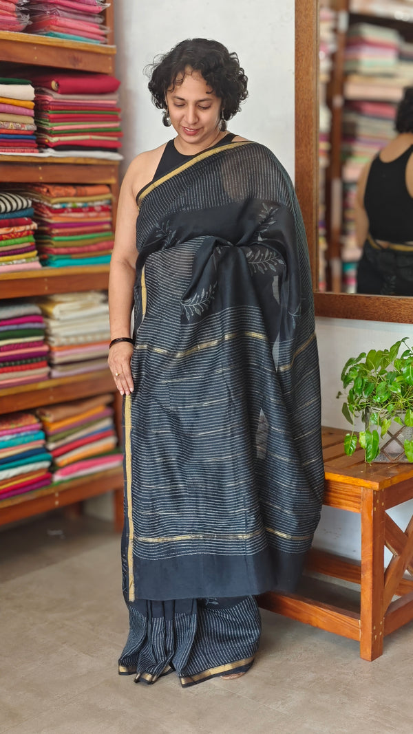 Black Block Printed Chanderi Silk Saree - MK58