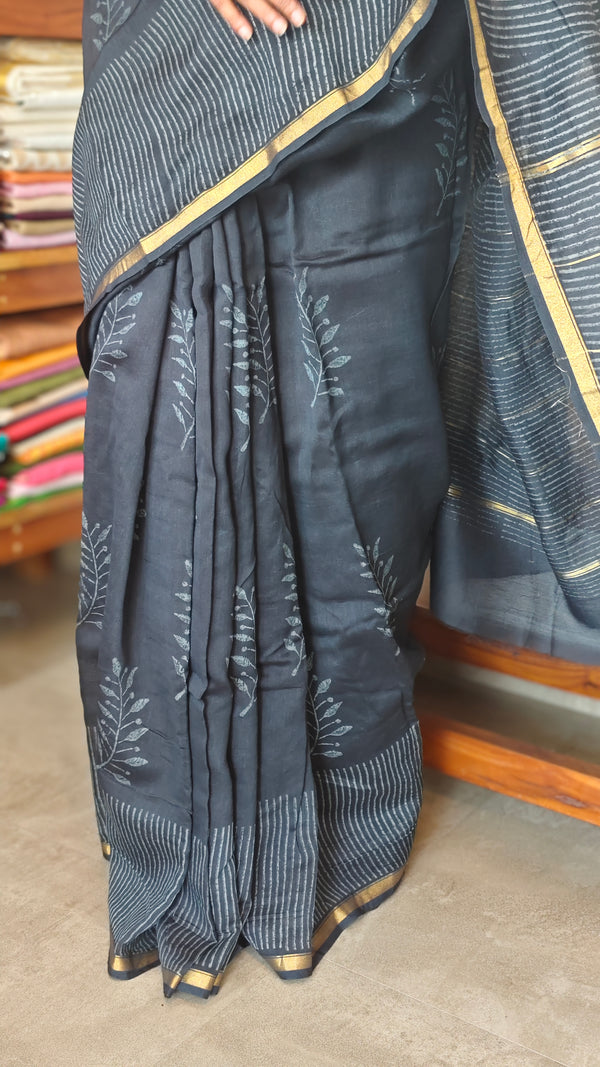 Black Block Printed Chanderi Silk Saree - MK58
