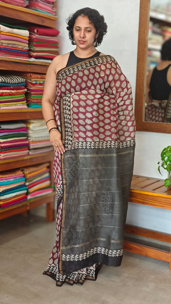 Wine and Black Block Printed Chanderi Silk Saree - MK58
