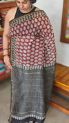 Wine and Black Block Printed Chanderi Silk Saree - MK58