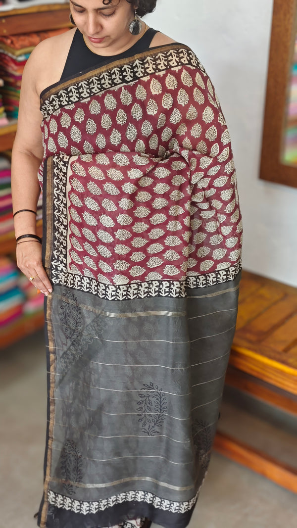 Wine and Black Block Printed Chanderi Silk Saree - MK58
