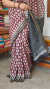 Wine and Black Block Printed Chanderi Silk Saree - MK58