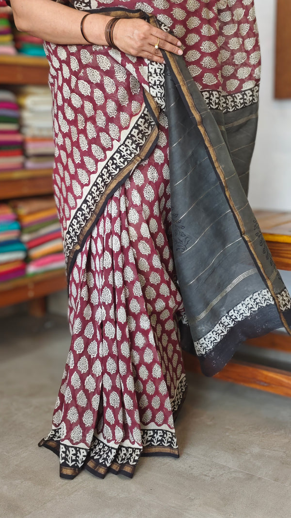Wine and Black Block Printed Chanderi Silk Saree - MK58